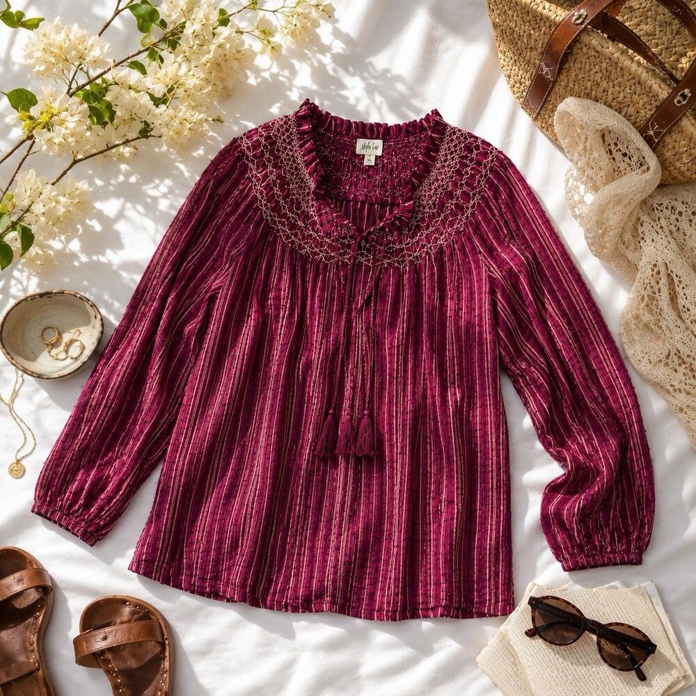 Style & Co Boho Embroidered Tunic Top M Stripe Tassel Tie Peasant Blouse Cotton